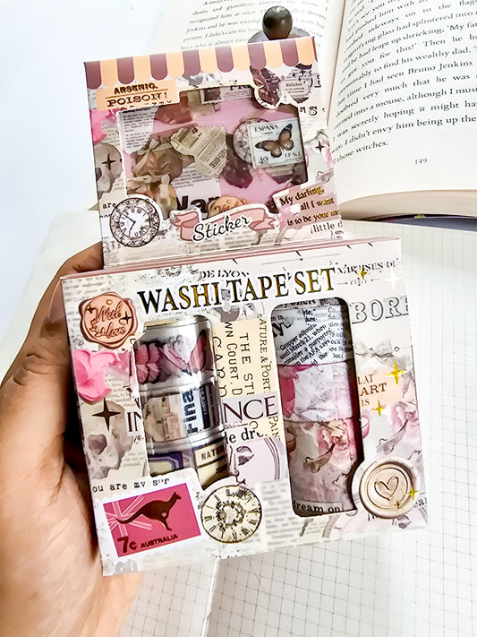 XM-JD3176A | Decorative, Themed Crafting Set Featuring Various Styles Of Washi Tape WITH Sticker Packaged with Vintage-Inspired Stationery Designs