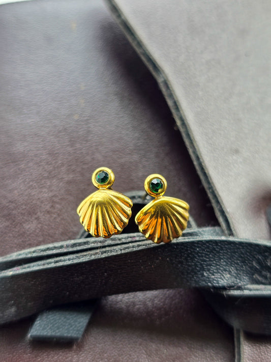 Seashell Stud Earing with Green Stone