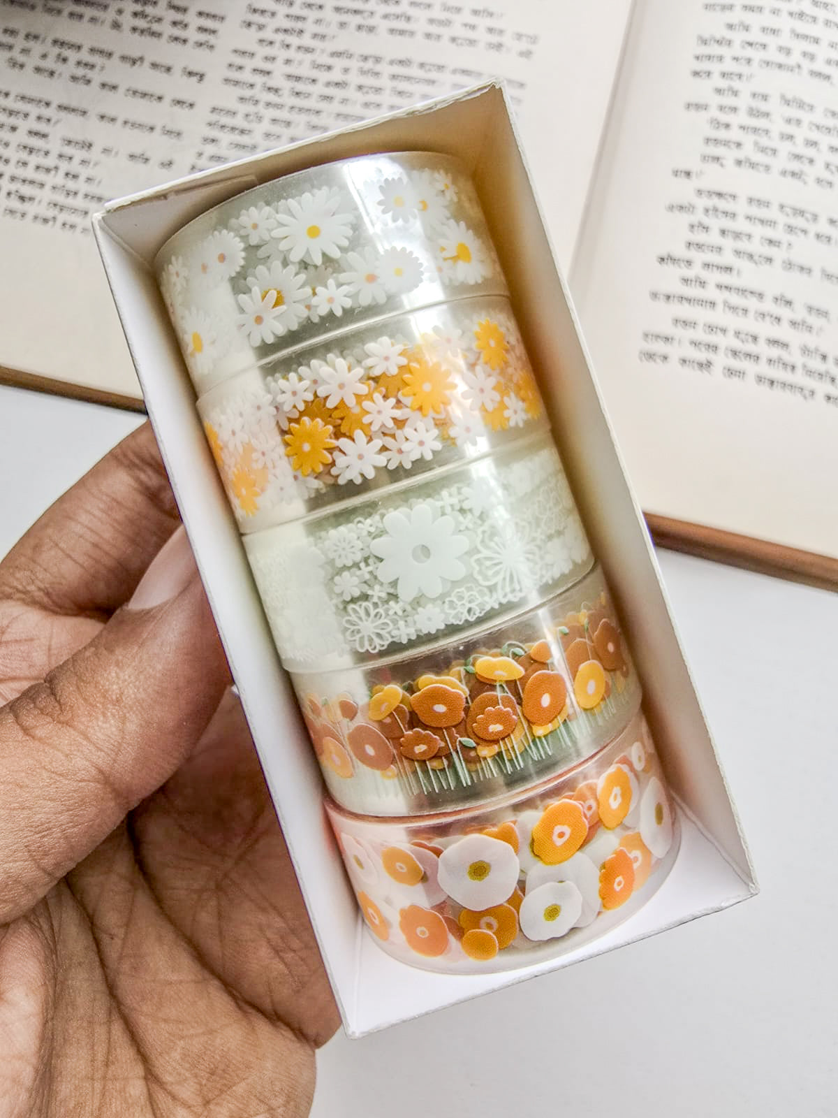 MG7839 | Decorative Transparent PET Floral And Daisy-Patterned Craft Tape 5pcs Set Roll Features Cute Botanical Designs