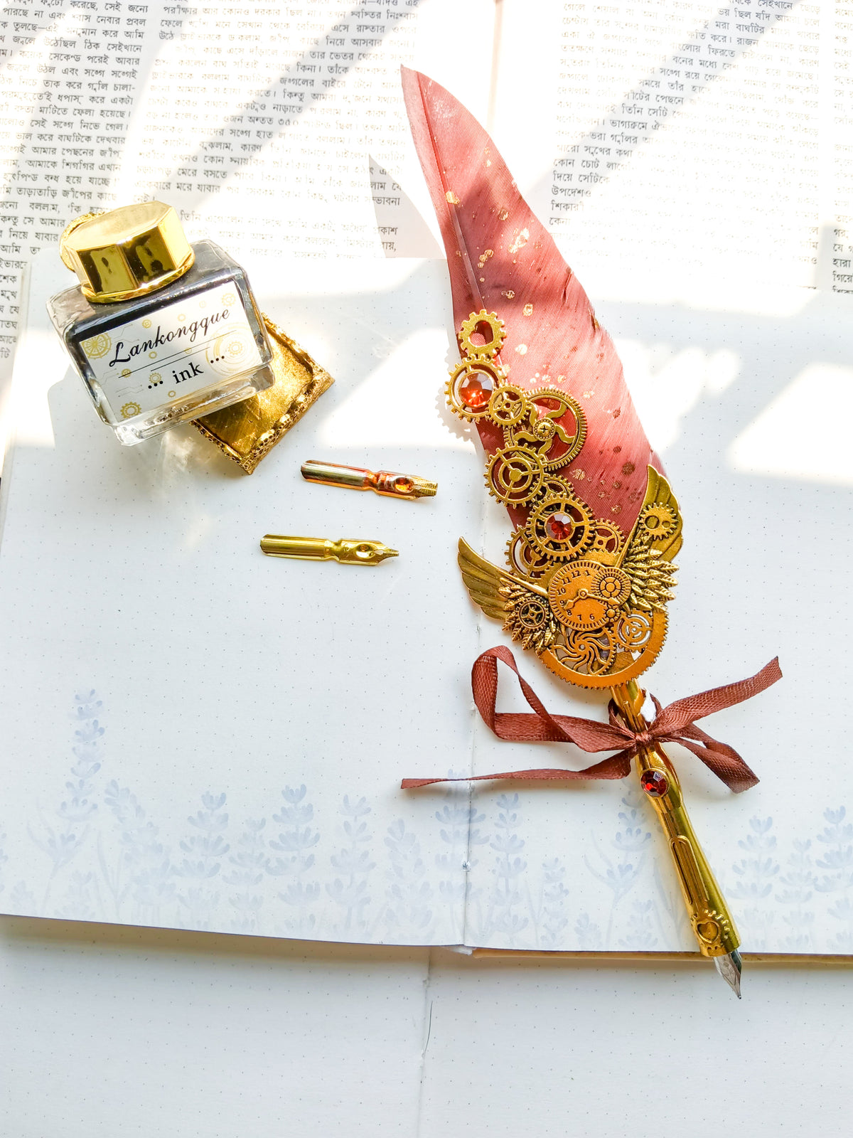 FPS-10098 | Vintage Feather Calligraphy Pen & Ink Set | Feather Pen 1 | Replacement Nibs 5 |Pen Holder 1 | Ink bottle 1 |