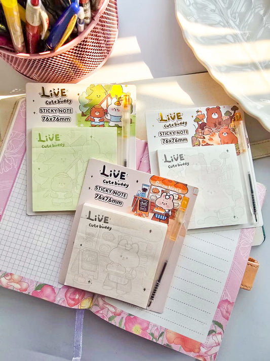 A02-15 | Cute Bear Sticky Notes Pad With Pen | 76×76mm | 1pc Random
