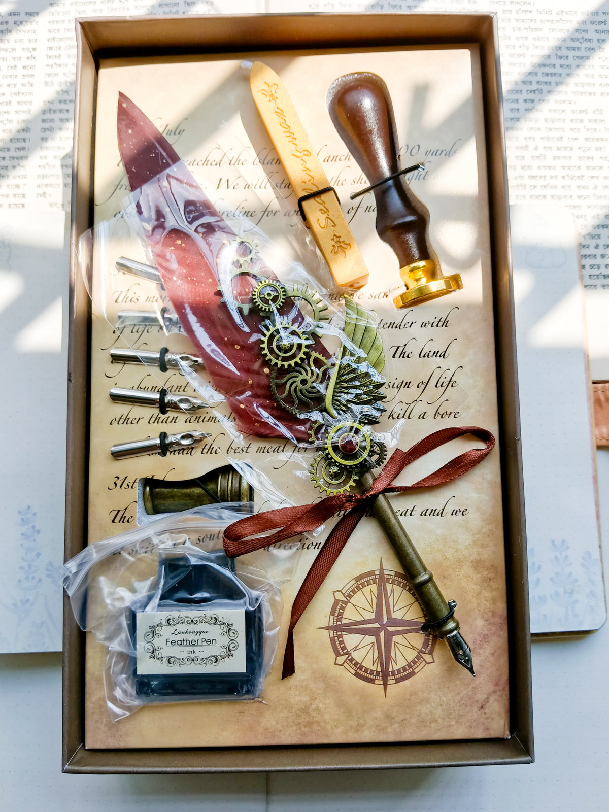 FPS-101910 | Vintage Feather Calligraphy Pen & Ink Set | Feather Pen 1 | Replacement Nibs 5 |Sealant Stamp Handle 1 | Lacquer Sealant Wax 1 | Pen Holder 1 | Ink bottle 1 |