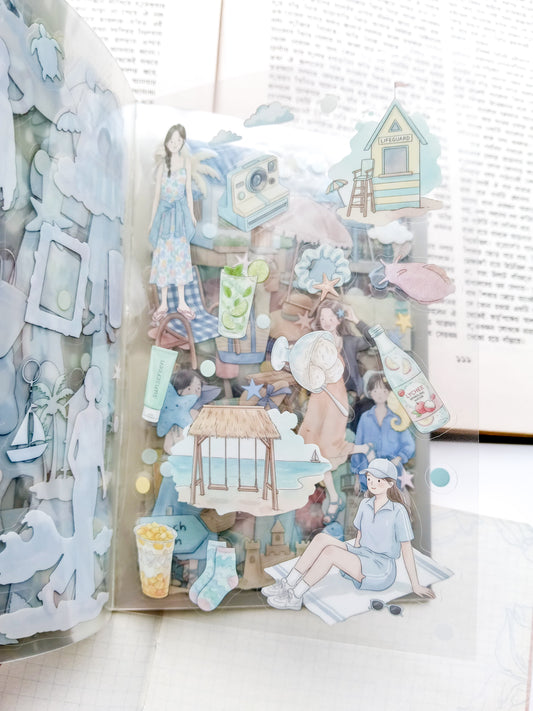 RJMH-401 | Sea Wind Aesthetic Sticker Book  Blue Coastal Cafe Illustration And Over 400 Decorative 20Pcs | 150* 100mm