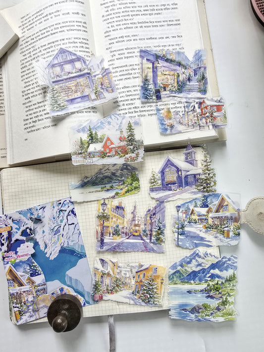 SSQH-404 | Scenery |  PET | Sticker | Fluiiy Snow House | 10 Pcs | 40*89mm