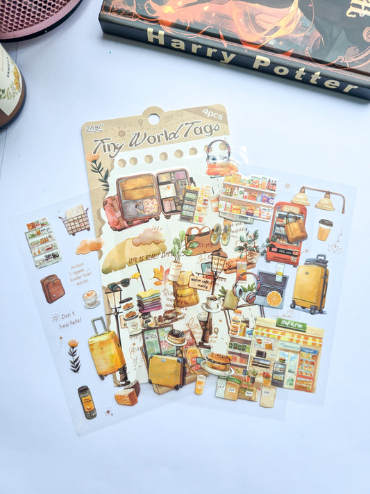 LTXQX-404 | Tiny World Tags Travel Theme Sticker PET | Pre cut Sticker |  4pcs Sticker set | 150* 100mm