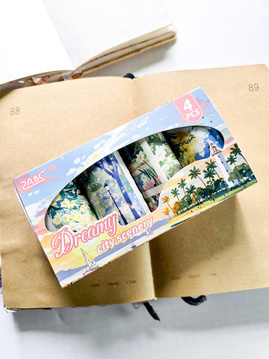 QQJG-202 | Dreamy City Scenery  washi tapes | The Tape Rolls Feature Aesthetic Landscape Designs Including A Iighthouse And Urban Scenes |