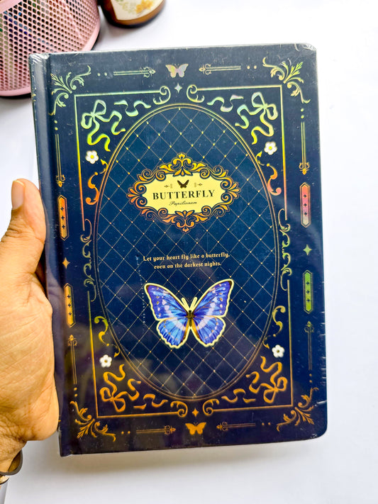 JZA5128-2307 | TIEFOSSI Butterfly Hardbound Journal Features a Deep Blue Cover With Intricate Gold Foil Detailing And a Central Morpho Butterfly Illustration
