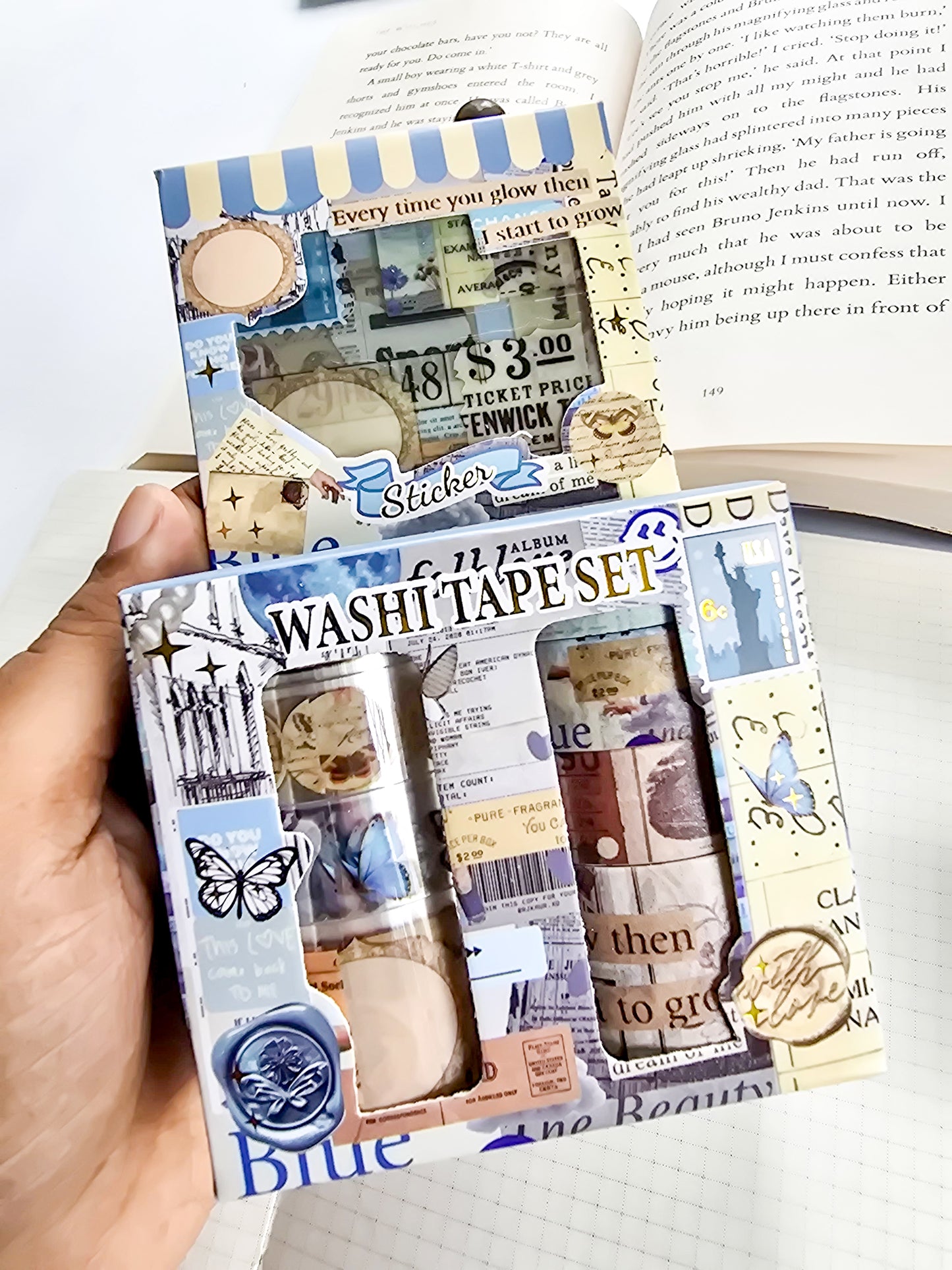 XM-JD3176A | Washi Tape With Sticker Set Box  Kit, Which Includes Decorative Tapes In A Blue And Cream Aesthetic Package.