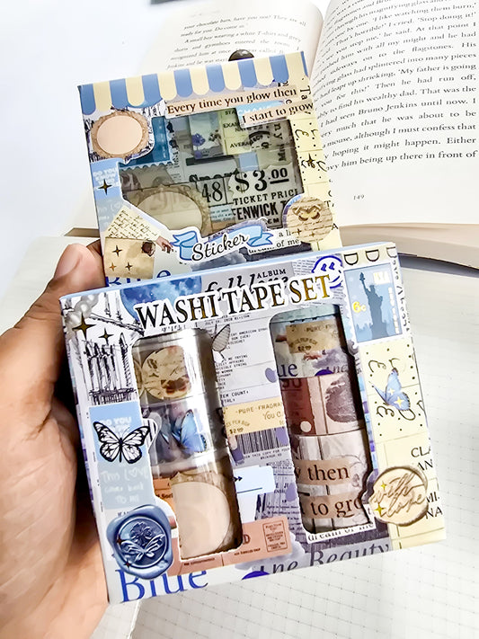 XM-JD3176A | Washi Tape With Sticker Set Box  Kit, Which Includes Decorative Tapes In A Blue And Cream Aesthetic Package.