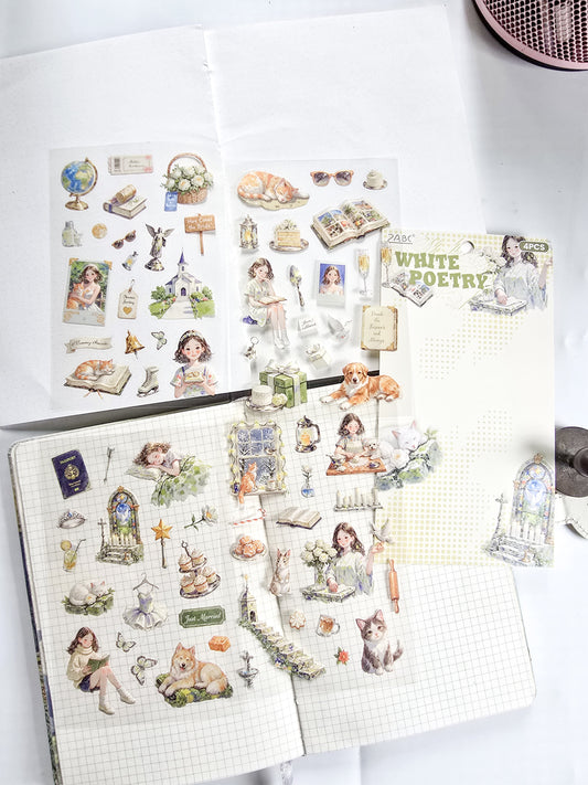 MQQL-605  | White Poetry Girls Aesthetic PET  Sticker | 4pcs Sticker | 100*150mm
