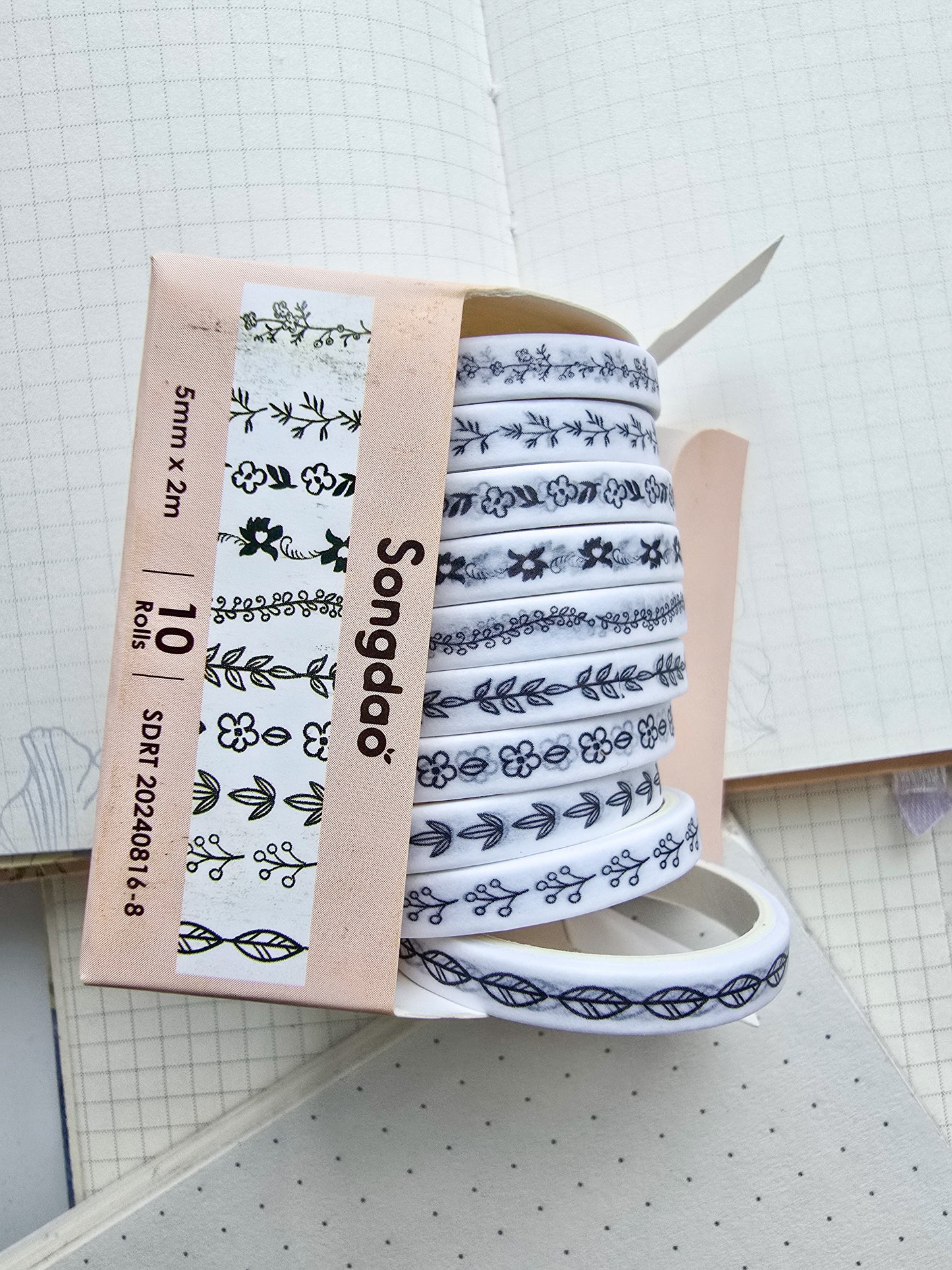 0816-8 Gardenia Thin Washi Tape Set of 10 Washi tapes | Japanese Washi Paper | 2 Meter each | Black n White