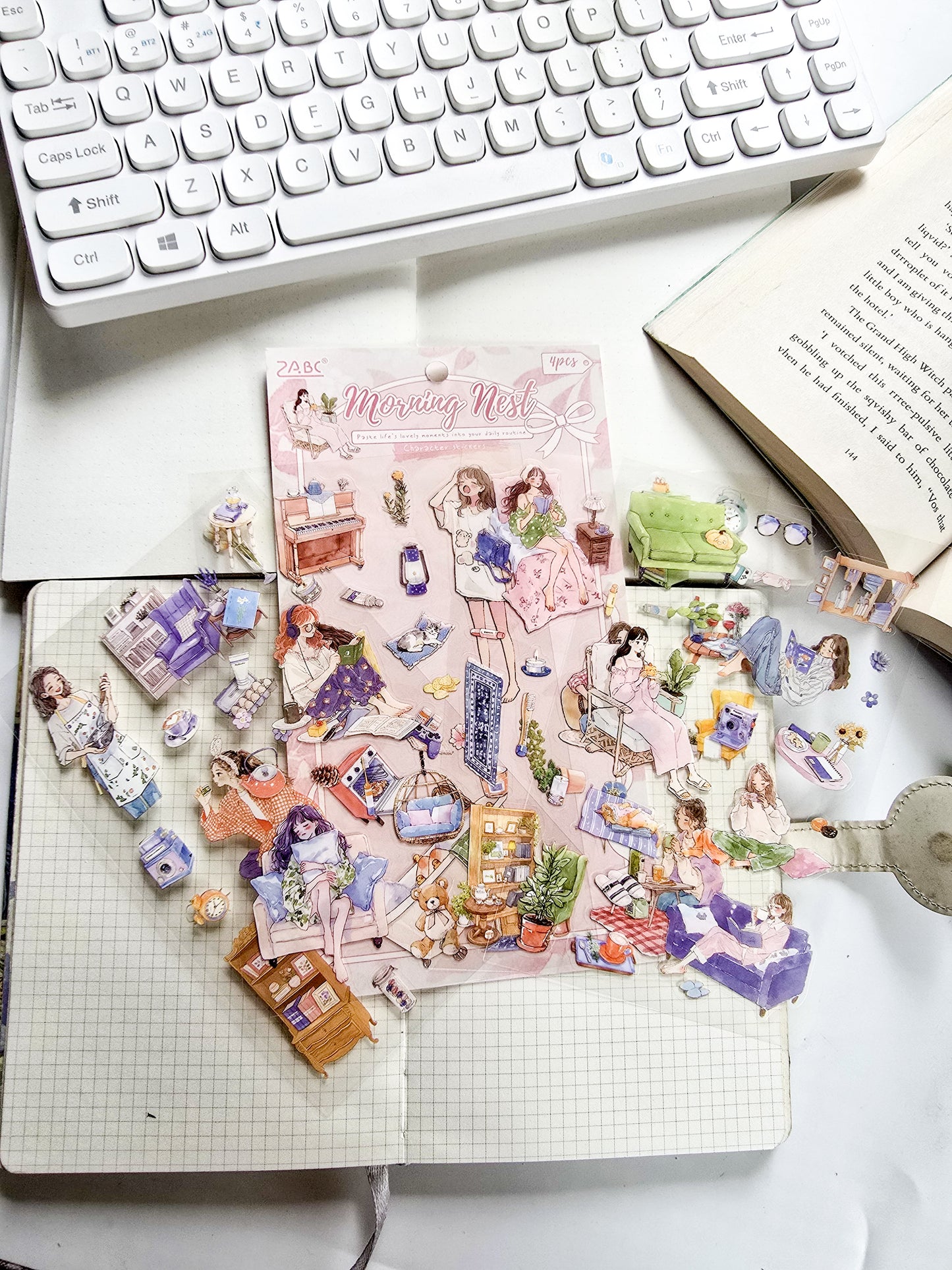 QWSGJ-601 | Morning Nest Stickers Come In A 4-Sheet pack Featuring Cozy, Aesthetic Lifestyle Illustrations | 115*178mm