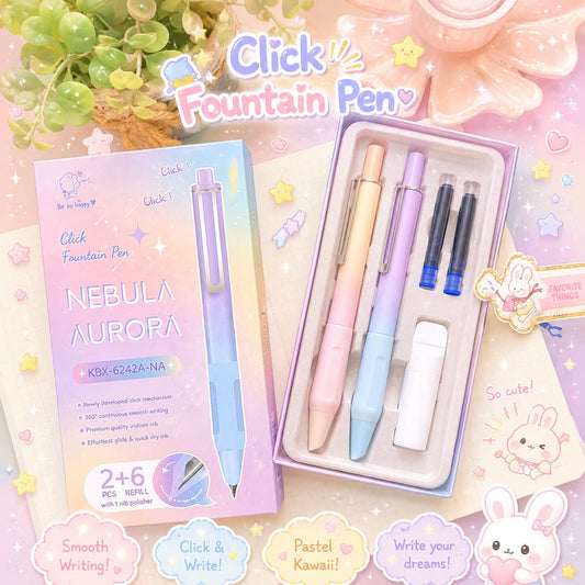 KBX6242na | Pinteresty Click Fountain pen 2 pen set Nabula Aurora | Blue Ink | Refillable 6 free cartridges & 1 Nib Polish