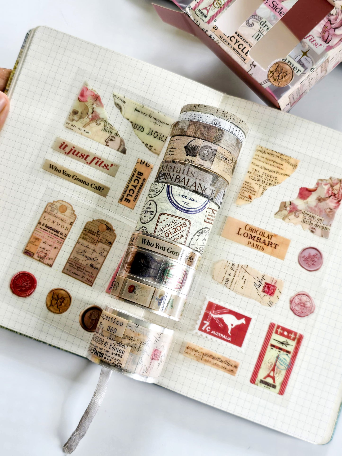 XM-JD3176A | Washi Tape With Sticker Box Set Styled With Vintage Travel And Postal Aesthetics.