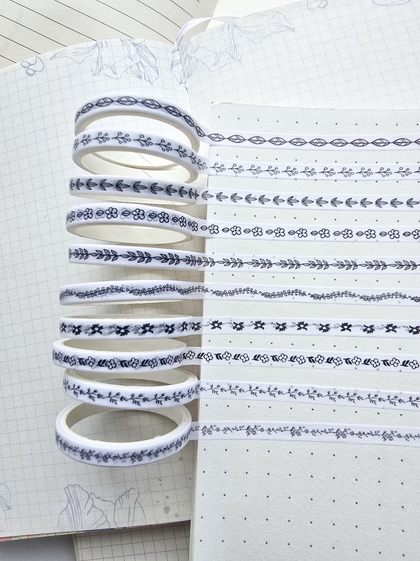 0816-8 Gardenia Thin Washi Tape Set of 10 Washi tapes | Japanese Washi Paper | 2 Meter each | Black n White