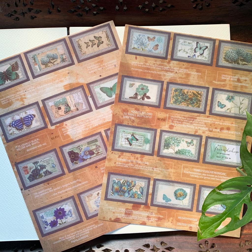 XCF11-12 Vintage Precut Stamp Sticker 2 Sheets | 150 mm x 205 mm | Butterfly Theme
